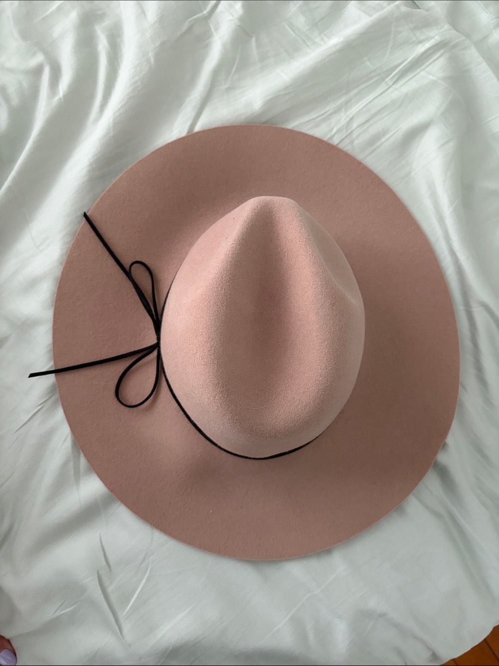 Aritzia Blush Wide-Brim Felt Fedora with Black Tie